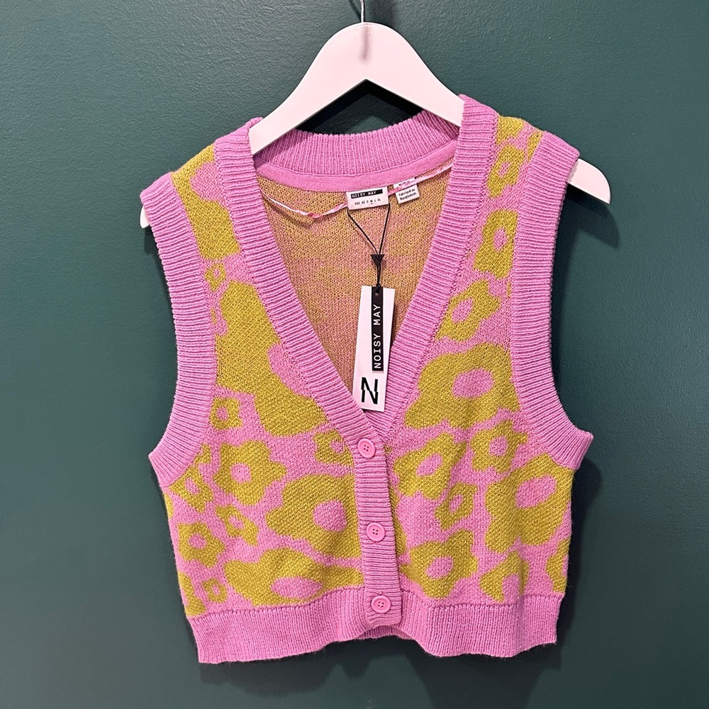 Noisy May Pink & Lime Flower V-Neck Button Knit Vest